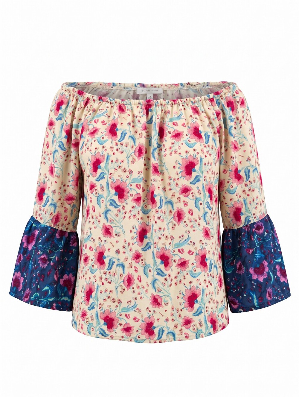 ANDREE BY UNIT Cream Floral Off-Shoulder Top with Blue Bell Sleeves